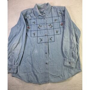 Womens Embroidered 90s Y2K Denim Shirt XL Floral Cottagecore Western Chambray